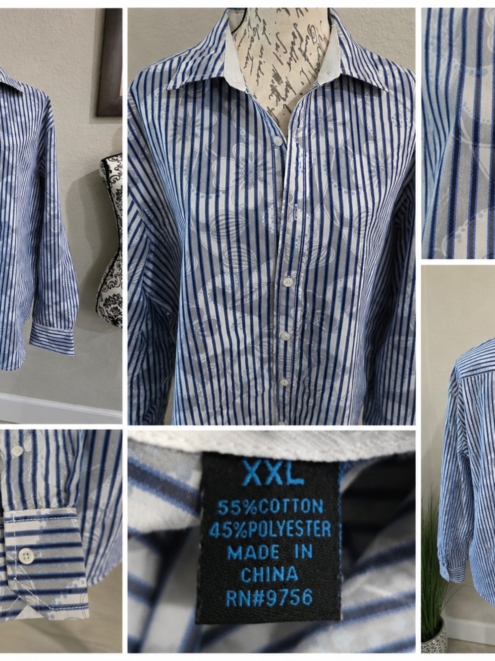 Men’s XXL Blue White Striped Paisley Button Down Long Sleeve Shirt
